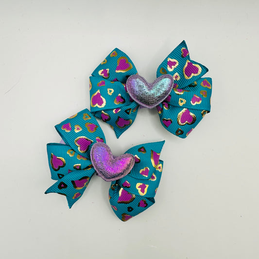 Teal and Purple Hearts twisted bows